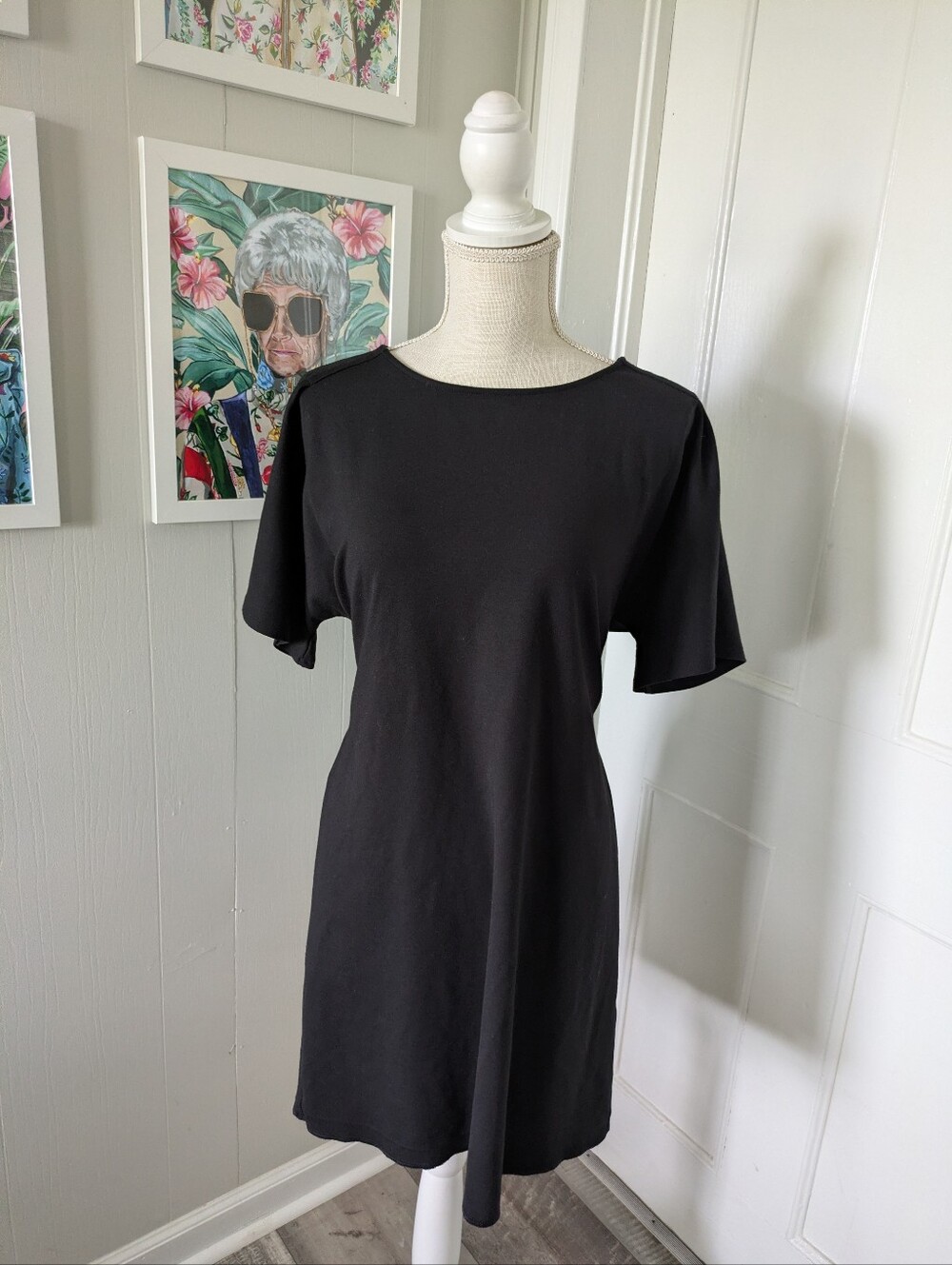 Express Black Tie Waist Knit Dress Short Sleeve Minimalist Chic Workwear Sm *